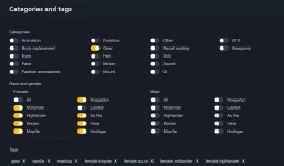 the mod creation page, showing the flagging and tagging options. under race and gender, 'all' is the option for, well, all races within a specified gender.