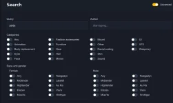 the search window. 'zelda' is filled into the search. the various options for search are shown, including the same flagging and tagging (hidden) options you can set during mod creation. instead of 'all', the option for toggling all races under a specific gender is defined as 'any'.