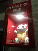 an in case of fire, break glass box but instead of an axe in it, there's a Squirtle plushie.